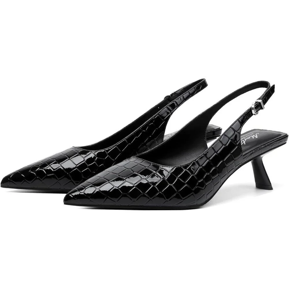 Women's Black Pointed Toe Pumps Patent Leather Low Heel Slingback with Buckle